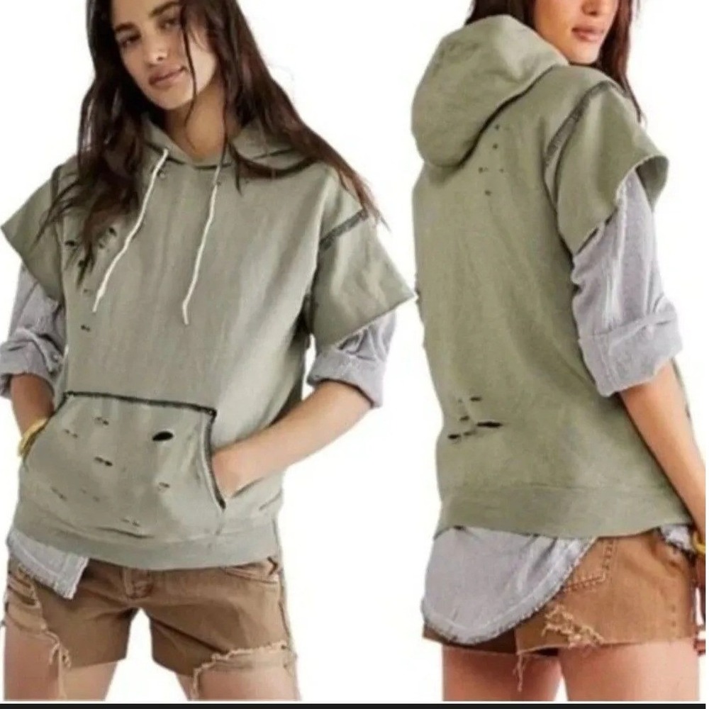 Free‎ People x Tricia Fix Repurposed Vintage Distressed Short Sleeve Hoodie M
